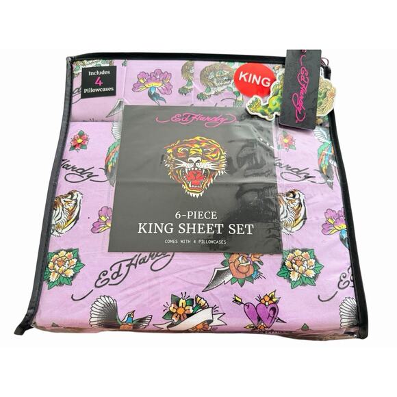 Ed Hardy 6-Piece KING Size Sheet Set Purple Dragon Tiger Print NIB